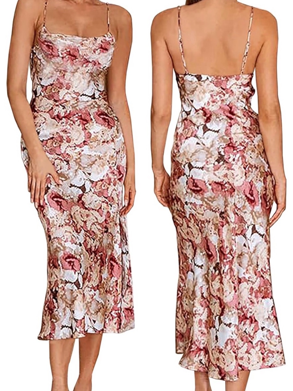 Floral Spaghetti Strap Midi Satin Wedding Guest Dress